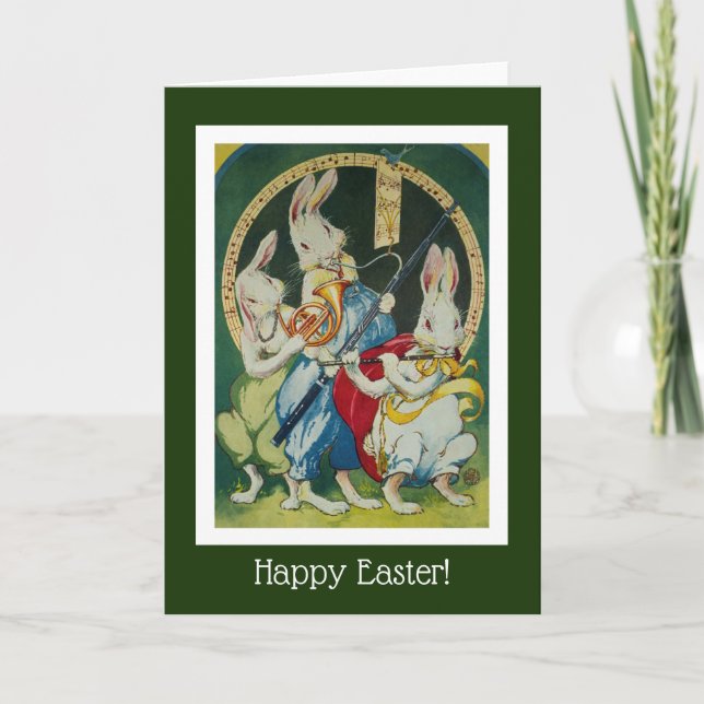 Tarjeta Festiva Tres Conejos Musicales Perfectos para Pascua (Anverso)