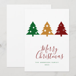 Tarjeta Festiva Tres copas de nieve de árbol de pino cuelgan la na