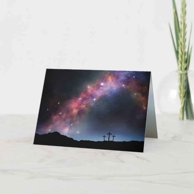 Tarjeta Festiva Tres cruces en una colina bajo la Vía Láctea (Anverso)