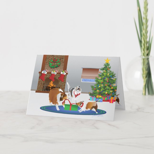 Tarjeta Festiva Tres Estanterías Desenvuelven Un Regalo, Navidades (Anverso)