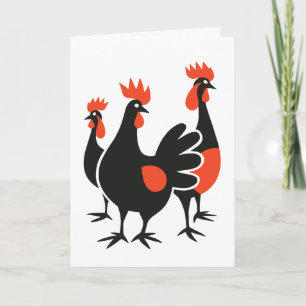 Tarjeta Festiva Tres Gallinas Francesas Retro Mediados de Siglo Re