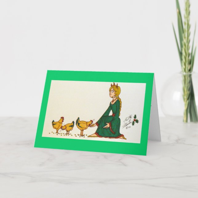 Tarjeta Festiva Tres gallinas francesas (vestido verde) (Anverso)
