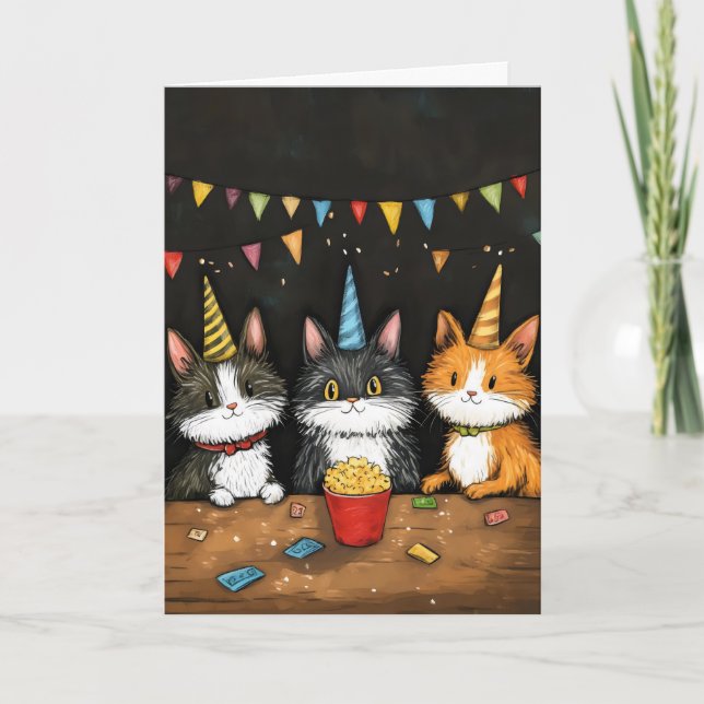 Tarjeta Festiva Tres gatos Personalizado retro de cumpleaños (Anverso)