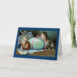 Tarjeta Festiva Tres gatos y gran huevo azul de Pascua