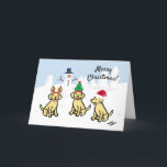 Tarjeta Festiva Tres labradores amarillos y Navidades Snowman<br><div class="desc">Tres Labradores Amarillos y Navidades Snowman tarjeta de vacaciones para fans de Labrador! Arte único y divertido de Labrador Retriever pintado por Naomi Ochiai de Japón. Tres perros labradores amarillos están posando con sus graciosos Navidades Gorras y Antlers en Snowfield.</div>