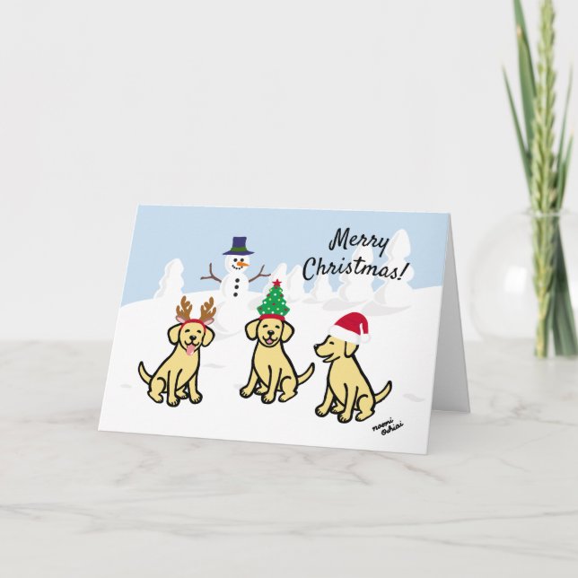 Tarjeta Festiva Tres labradores amarillos y Navidades Snowman (Anverso)
