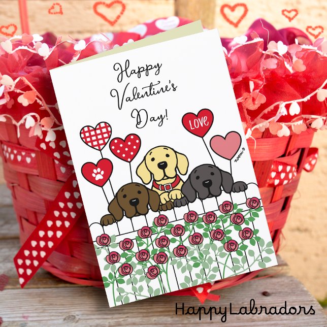 Tarjeta Festiva Tres labradores viendo a Rosas de San Valentín (Three Labrador Watching Valentine Day card for Labrador Owners.  Cute Cartoon design with roses.)