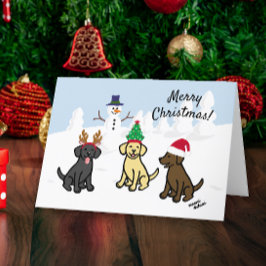 Tarjeta Festiva Tres labradores y Navidades Snowman
