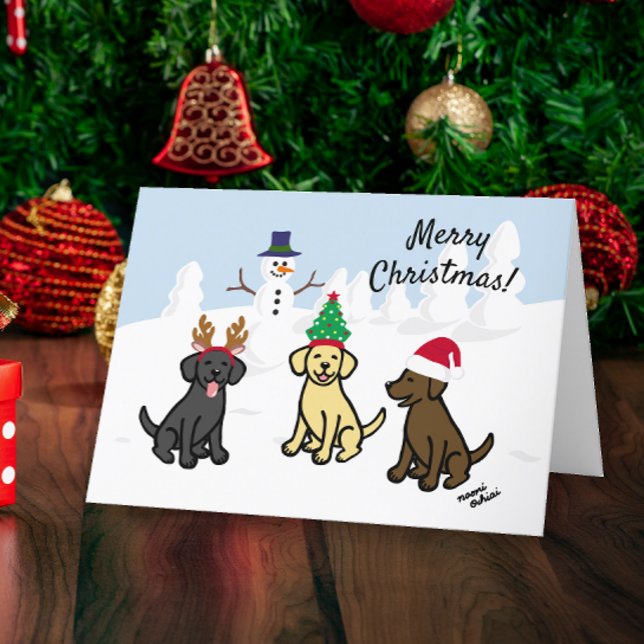 Tarjeta Festiva Tres labradores y Navidades Snowman (Three Labradors and Snowman Design Christmas Cards for Labrador Owners.  Cute cartoon style design.)