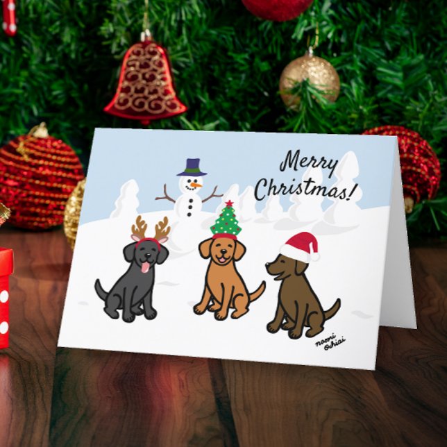 Tarjeta Festiva Tres labradores y Navidades Snowman (Three Labradors and Snowman Design Christmas Cards for Labrador Owners.  Cute cartoon style design.)