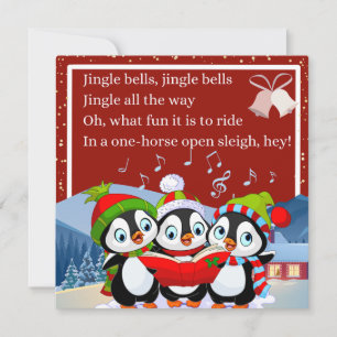Tarjeta Festiva Tres lindos pingüinos cantando Jingle Bells