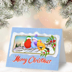 Tarjeta Festiva Tres Navidades Cantbirds En La Rama Holly