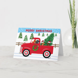 Tarjeta Festiva Tres Navidades de Camiones Rojos de Labradors
