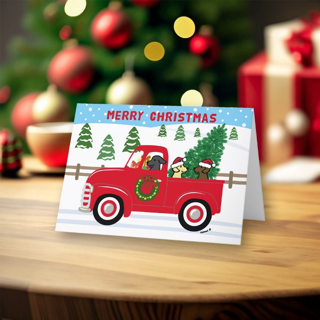 Tarjeta Festiva Tres Navidades de Camiones Rojos de Labradors (Three Labradors and Vintage Red Truck design Christmas Cards for Labrador Owners.  Festive design.)