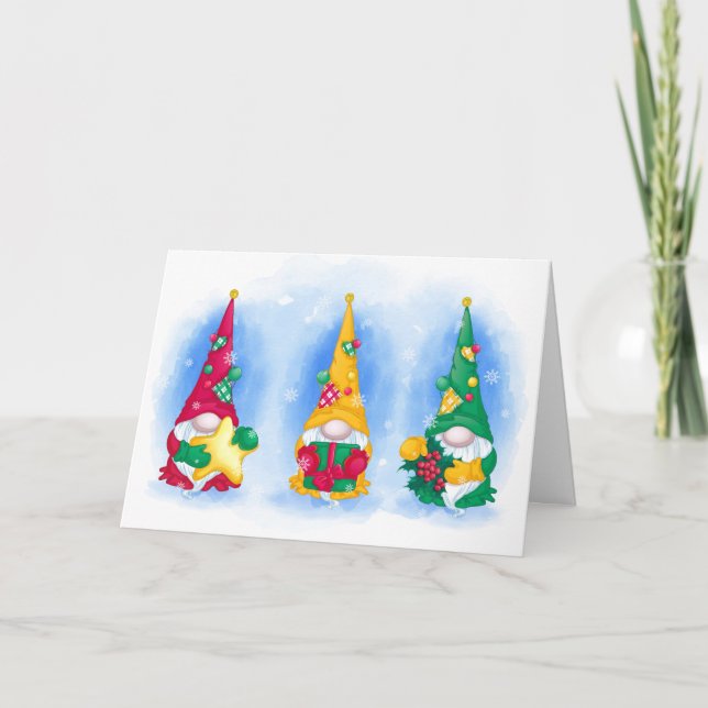 Tarjeta Festiva Tres Navidades de Gnomes (Anverso)