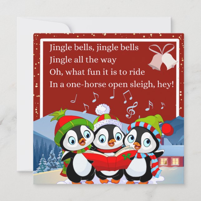 Tarjeta Festiva Tres pingüinos cantando campanas de jingle (Anverso)