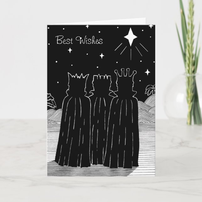 Tarjeta Festiva Tres reyes y Navidades estrellas blanco y negro (Anverso)