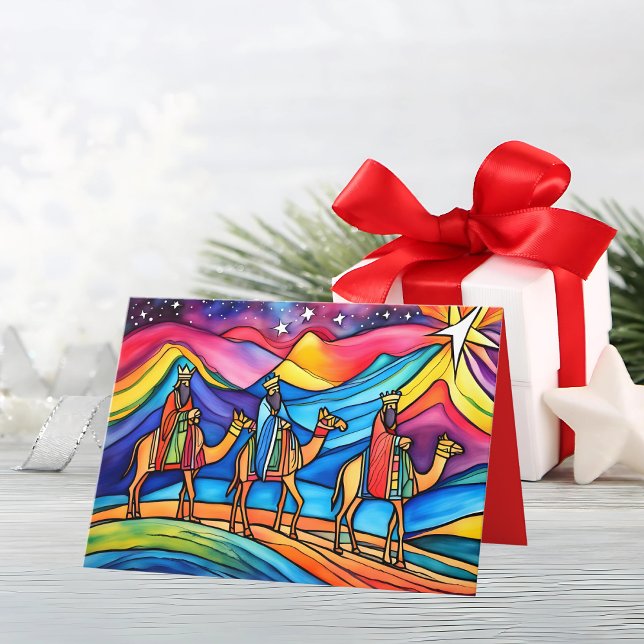Tarjeta Festiva Tres sabios Navidades coloridos (This colorful greeting card with its stained-glass effect is contemporary yet traditional. )