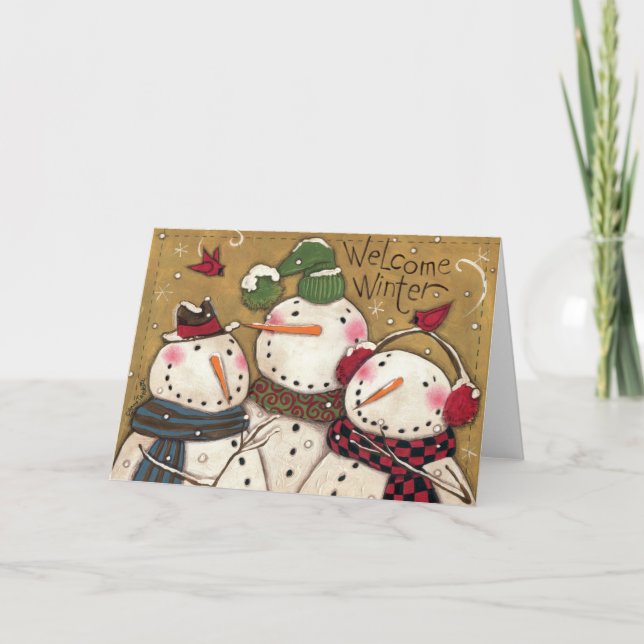 Tarjeta Festiva Tres Snowmen (Anverso)