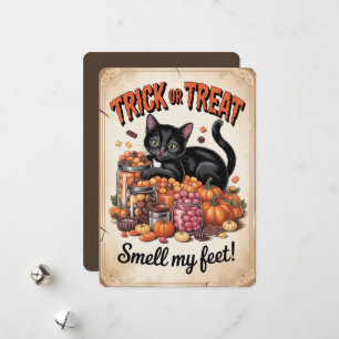 Tarjeta Festiva "¡Trick o Tremendo, huele mis pies!" Gato negro