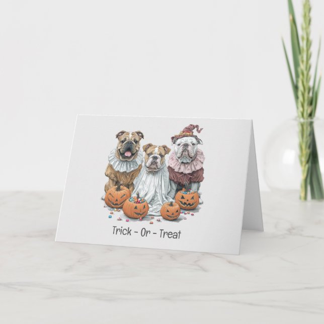 Tarjeta Festiva Trick Or Treat Halloween Bulldogs Ingleses Calabaz (Anverso)