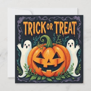 Tarjeta Festiva Trick or Treat Halloween Calabaza y Fantasma 