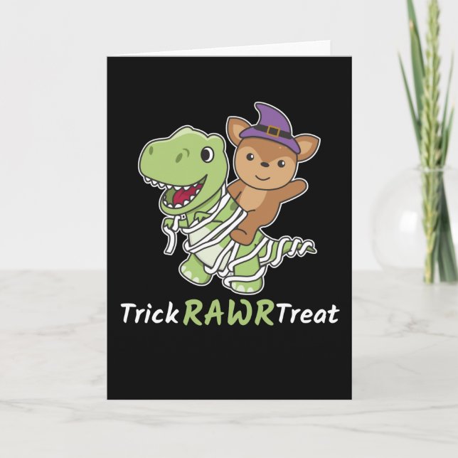 Tarjeta Festiva Trick Trick Rawr Treat T-rex Mummy Costume (Anverso)