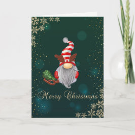 Tarjeta Festiva Trineo de gnomo lindo copos de nieve
