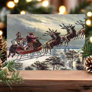 Tarjeta Festiva Trineo de Reno de Santa Claus Retro Vintage