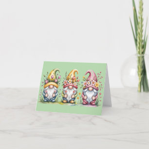 Tarjeta Festiva Trío de gnomos de acuarela de primavera con sombre