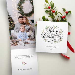 Tarjeta Festiva Tríptica Acuarela Feliz Navidad Escritura Botánica