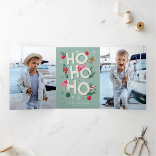 Tarjeta Festiva Tríptica Alegría de las fiestas de Ho Ho Ho