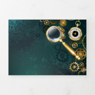 Tarjeta Festiva Tríptica Ampliador en estilo Steampunk