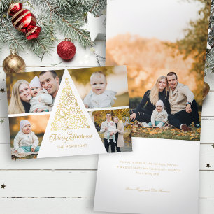 Tarjeta Festiva Tríptica Árbol de Navidad con remolino dorado Collage de 4