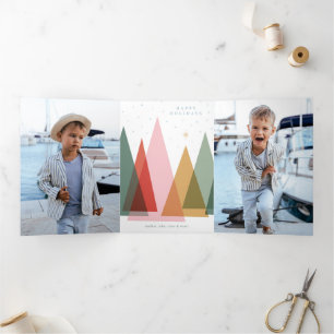 Tarjeta Festiva Tríptica Árboles minimalistas de Navidad