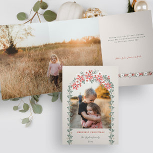 Tarjeta Festiva Tríptica Arco floral de Navidad con foto en tono cálido a s