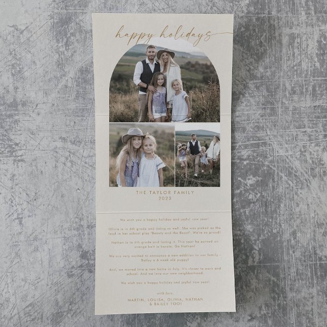 Tarjeta Festiva Tríptica Arco moderno | Collage de fotos Cream Happy Holida (Subido por el creador)