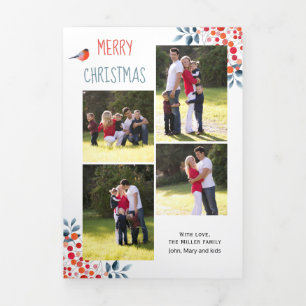 Tarjeta Festiva Tríptica Berries, collage de fotos de Navidades de aves