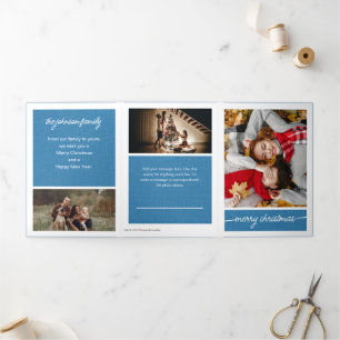 Tarjeta Festiva Tríptica Blue Merry Christmas 5-Photo Family Letter