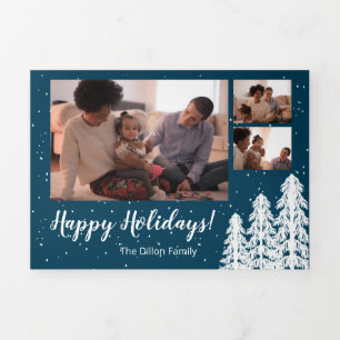 Tarjeta Festiva Tríptica Blue Snowy Pine Tree vacaciones de 5 fotos