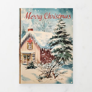 Tarjeta Festiva Tríptica Cabañas de Navidad con Acuarela Vintage