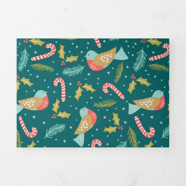 Tarjeta Festiva Tríptica Candy Canes Holly Pine Boughs Aves (Foto de portada)