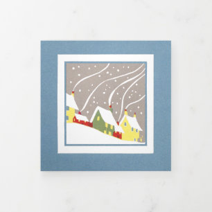 Tarjeta Festiva Tríptica Casas retro mínimas en nieve de invierno