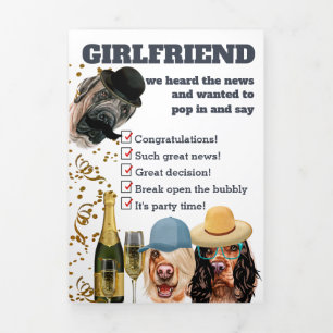 Tarjeta Festiva Tríptica Chicas perros champagne felicitaciones