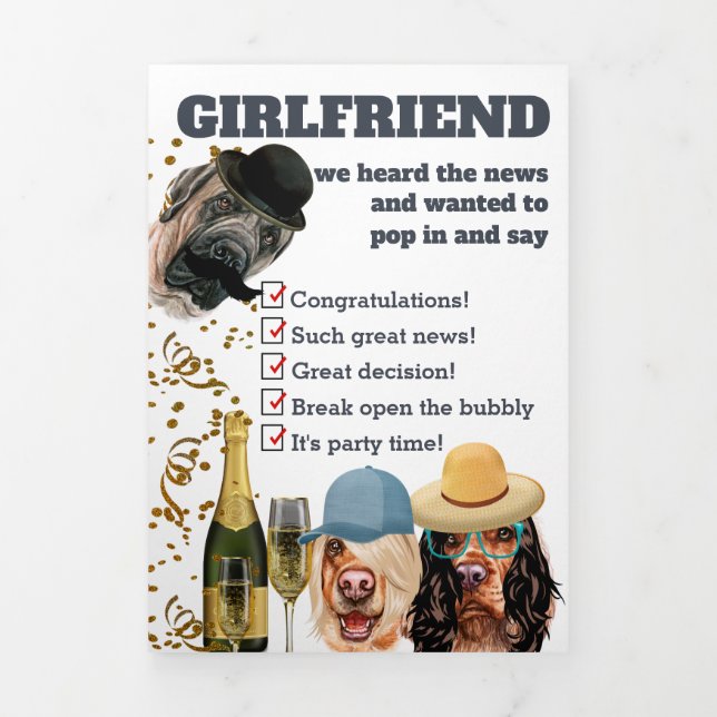Tarjeta Festiva Tríptica Chicas perros champagne felicitaciones (Foto de portada)