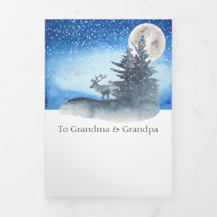 Tarjeta Festiva Tríptica Ciervo de Navidad con árbol iluminado por la luna 