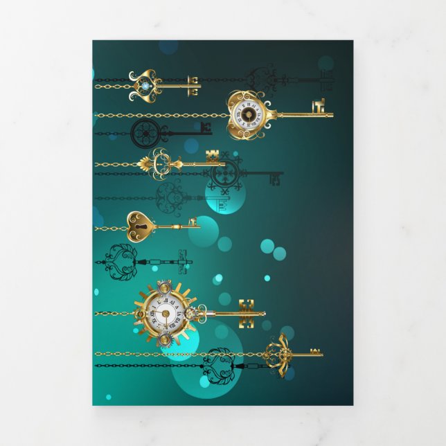 Tarjeta Festiva Tríptica Claves de esqueleto antiguas sobre fondo verde (Foto de portada)