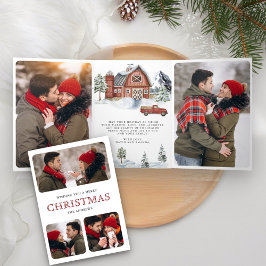 Tarjeta Festiva Tríptica Colage de fotos navideñas del granero rojo nevado