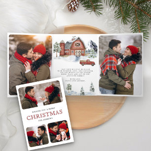Tarjeta Festiva Tríptica Colage de fotos navideñas del granero rojo nevado