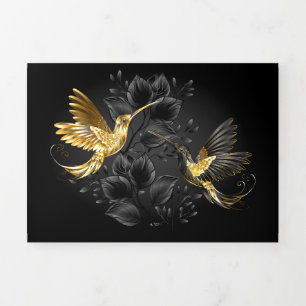 Tarjeta Festiva Tríptica Colibrí negro y dorado